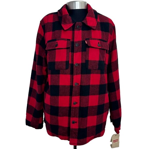 Levi's Cotton Buffalo Check Sherpa Lined Jersey Hooded Shirt Jacket Men's size M - Picture 1 of 10